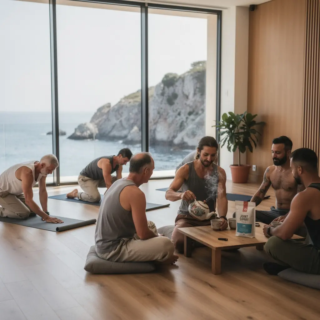 Čajna žličica pune kurkume pored šalice čaja na drvenoj podlozi.