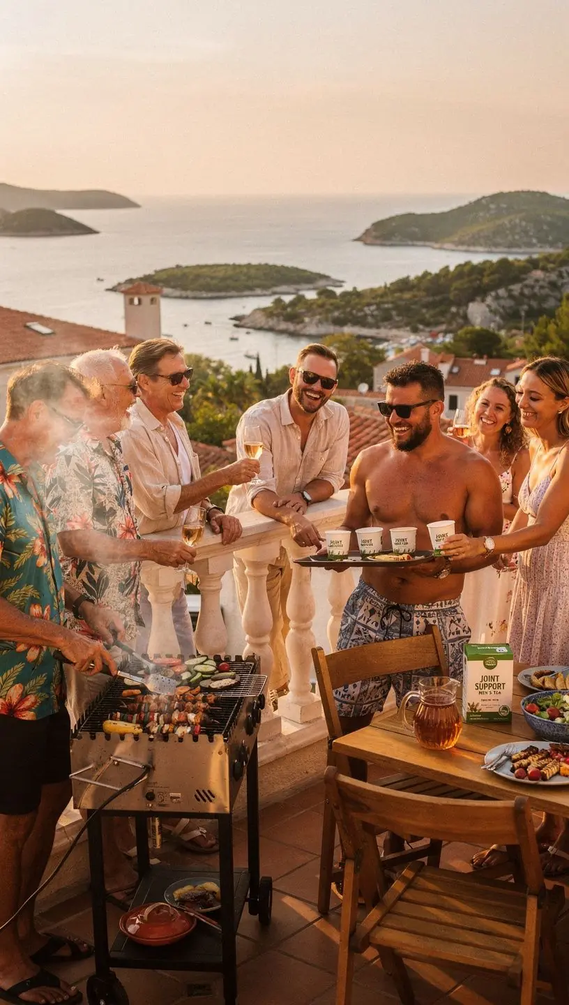 Prikaz pakiranja čaja s prirodnim sastojcima i informacijama o korisnosti.