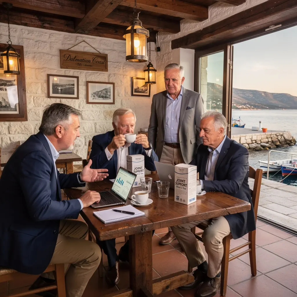 Aktivni muškarac trči kroz park, a u ruci drži šalicu čaja.